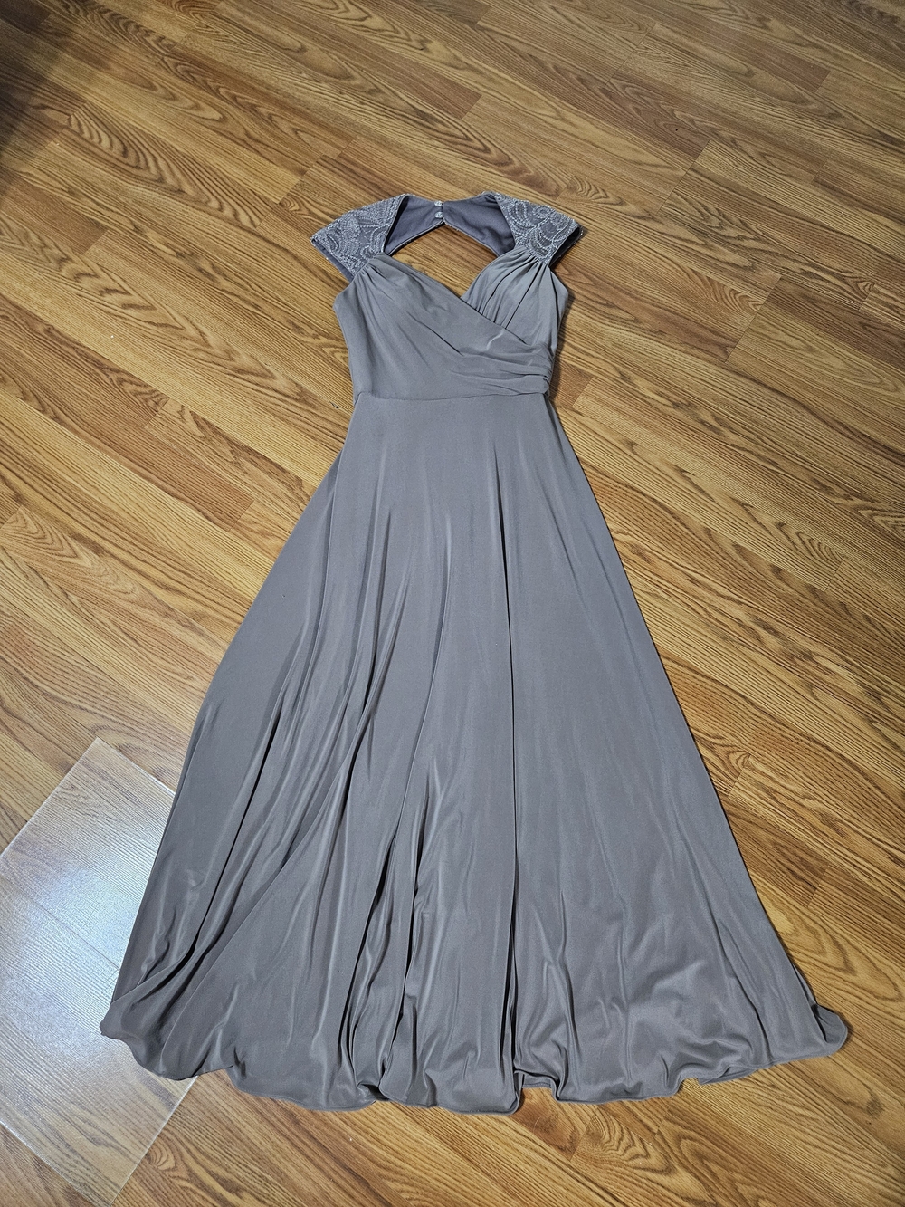 Patra Taupe Gray Maxi Evening Dress with Embellished Cap Sleeves